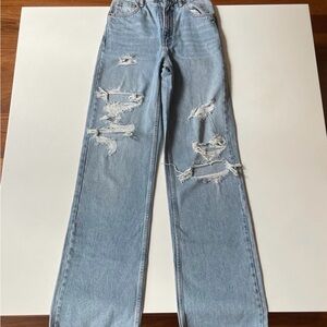 Zara Light Blue Ripped Straight Leg Jeans